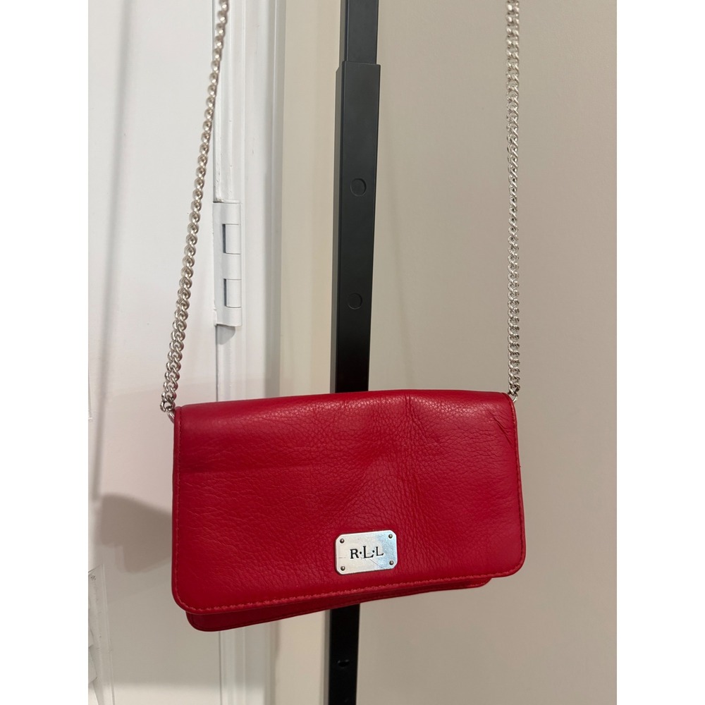 Lauren Ralph Lauren Red Pebbled Leather Crossbody Chain Wallet Bag RLL